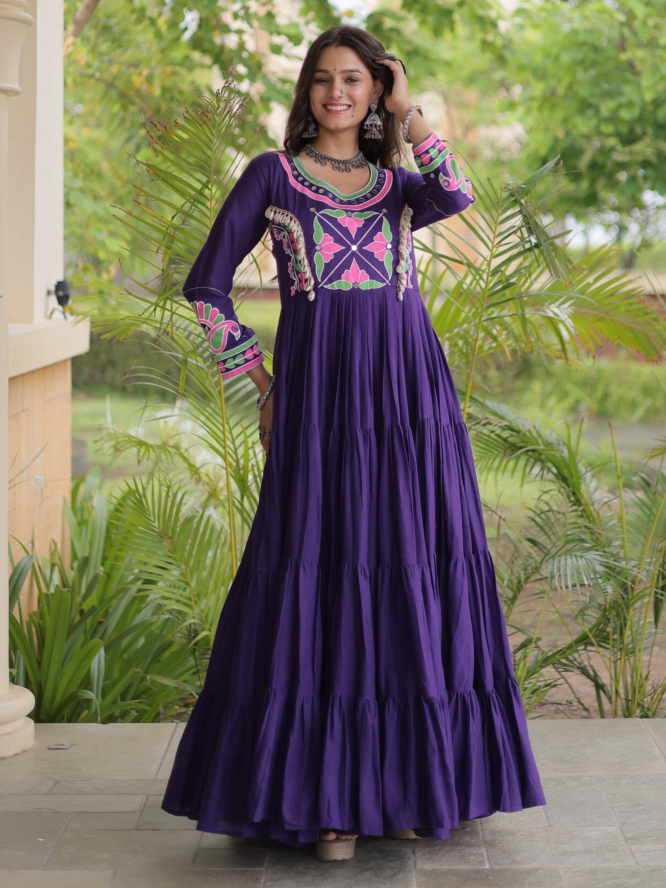 Captivating Purple Multi Thread Work Cotton Navratri Special Gown