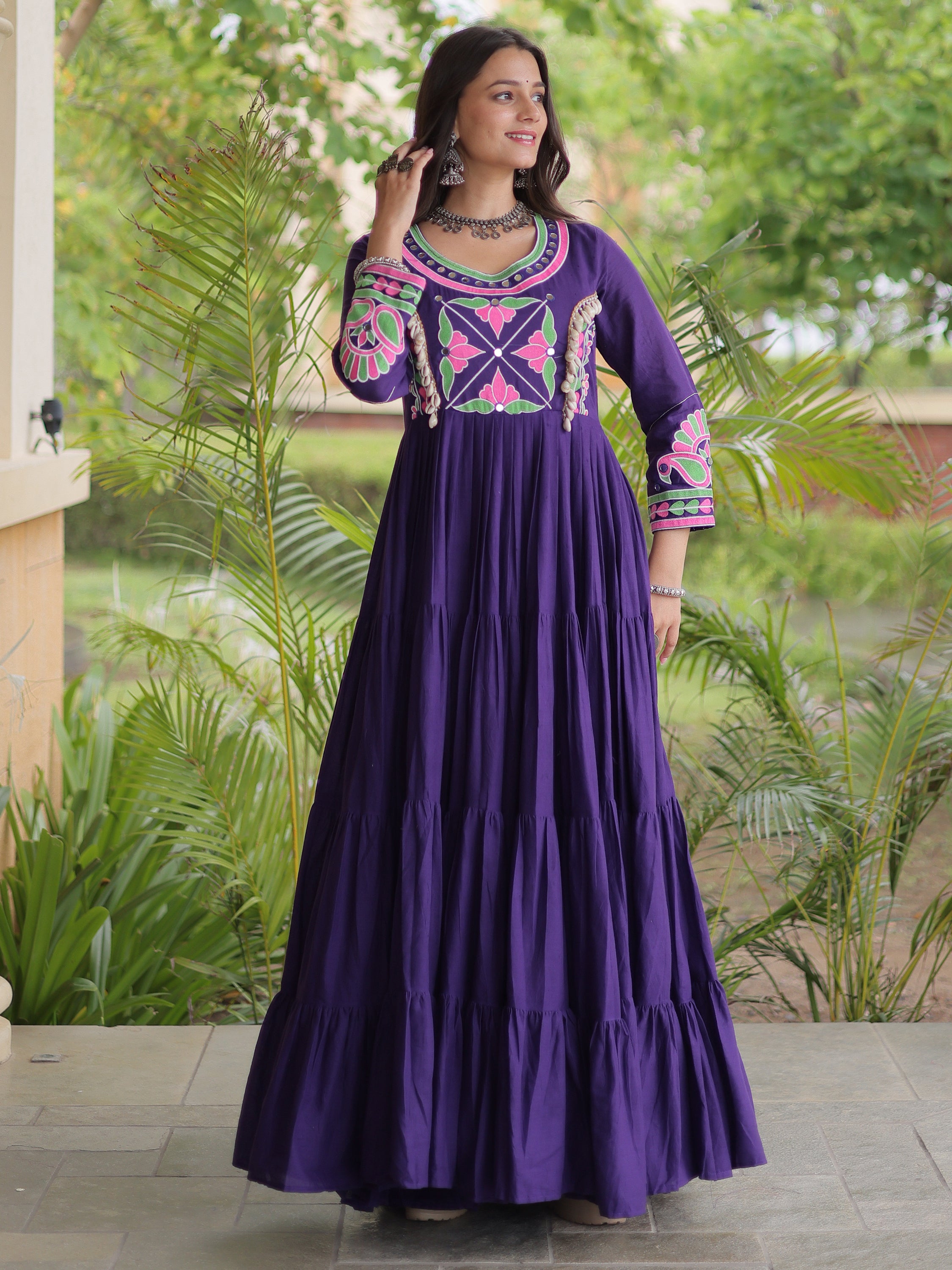 Captivating Purple Multi Thread Work Cotton Navratri Special Gown