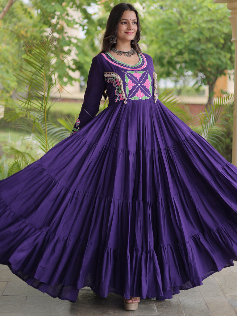 Captivating Purple Multi Thread Work Cotton Navratri Special Gown