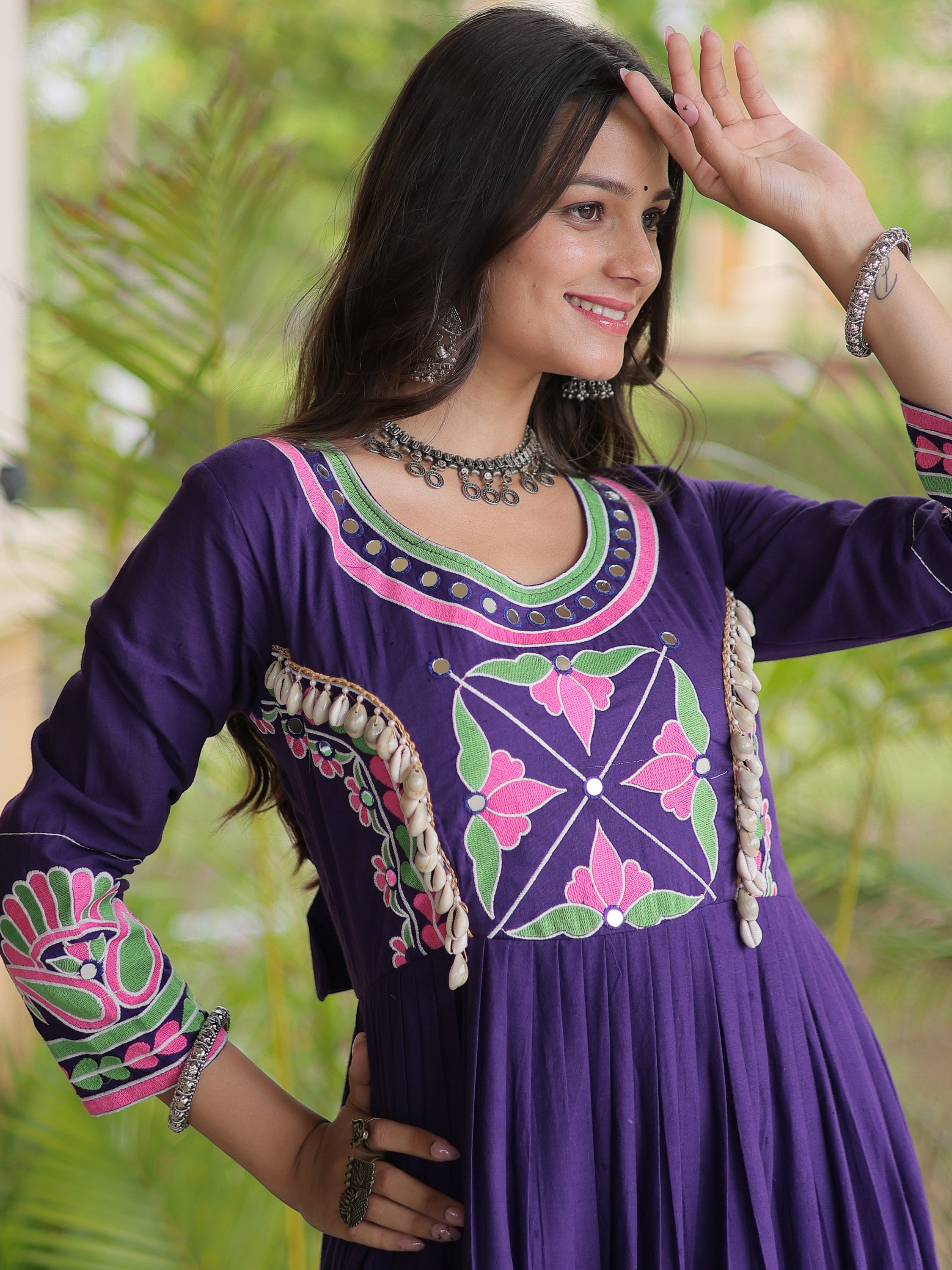 Captivating Purple Multi Thread Work Cotton Navratri Special Gown
