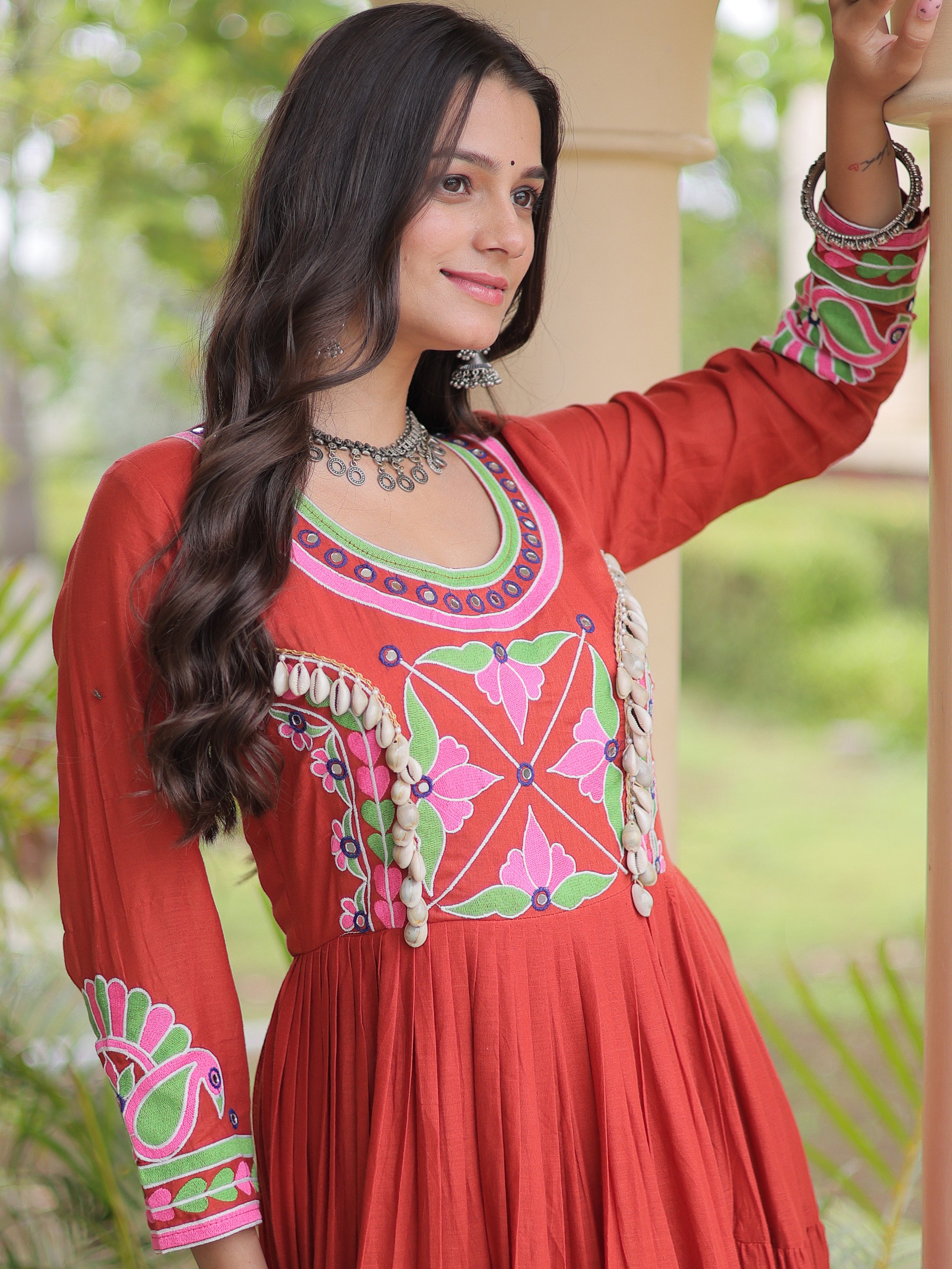 Classic Rust Orange Multi Thread Work Cotton Navratri Wear Gown
