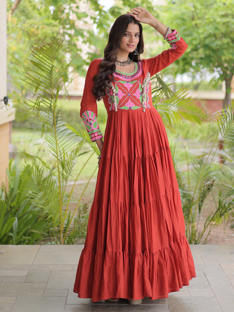 Classic Rust Orange Multi Thread Work Cotton Navratri Wear Gown