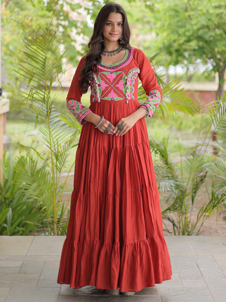 Classic Rust Orange Multi Thread Work Cotton Navratri Wear Gown