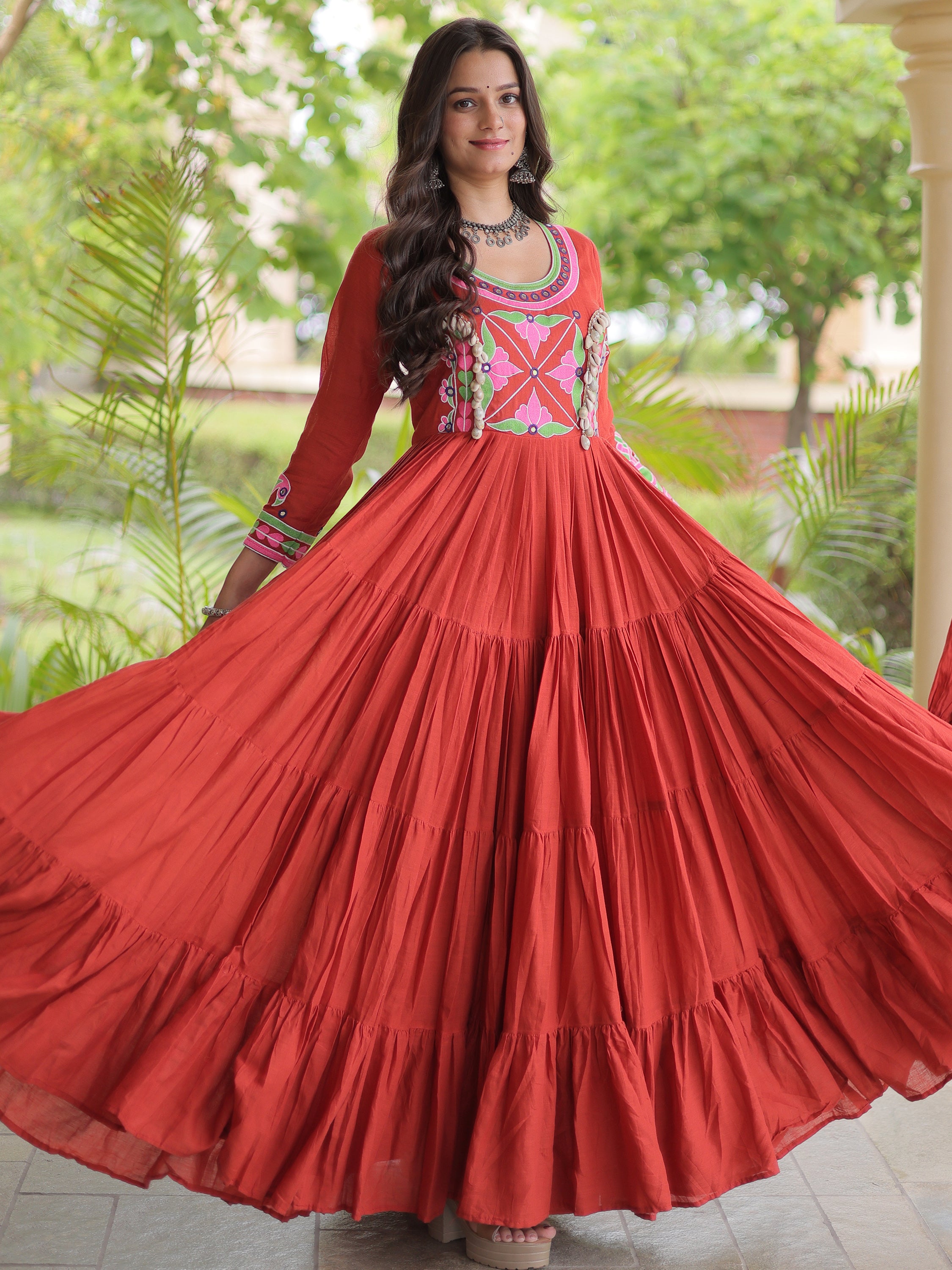 Classic Rust Orange Multi Thread Work Cotton Navratri Wear Gown