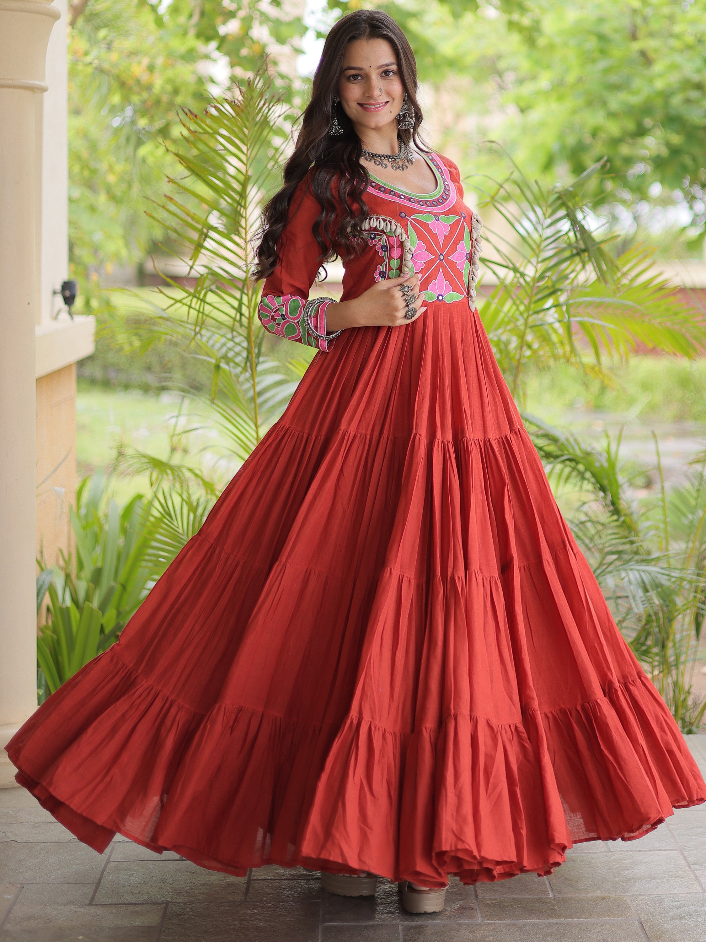 Classic Rust Orange Multi Thread Work Cotton Navratri Wear Gown