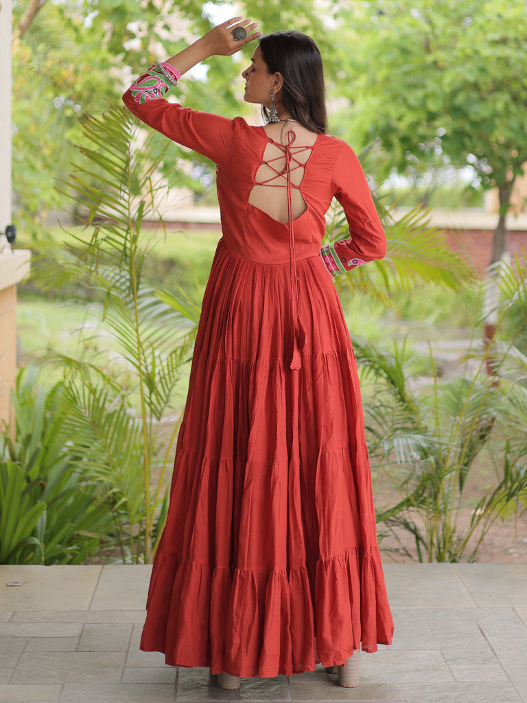 Classic Rust Orange Multi Thread Work Cotton Navratri Wear Gown