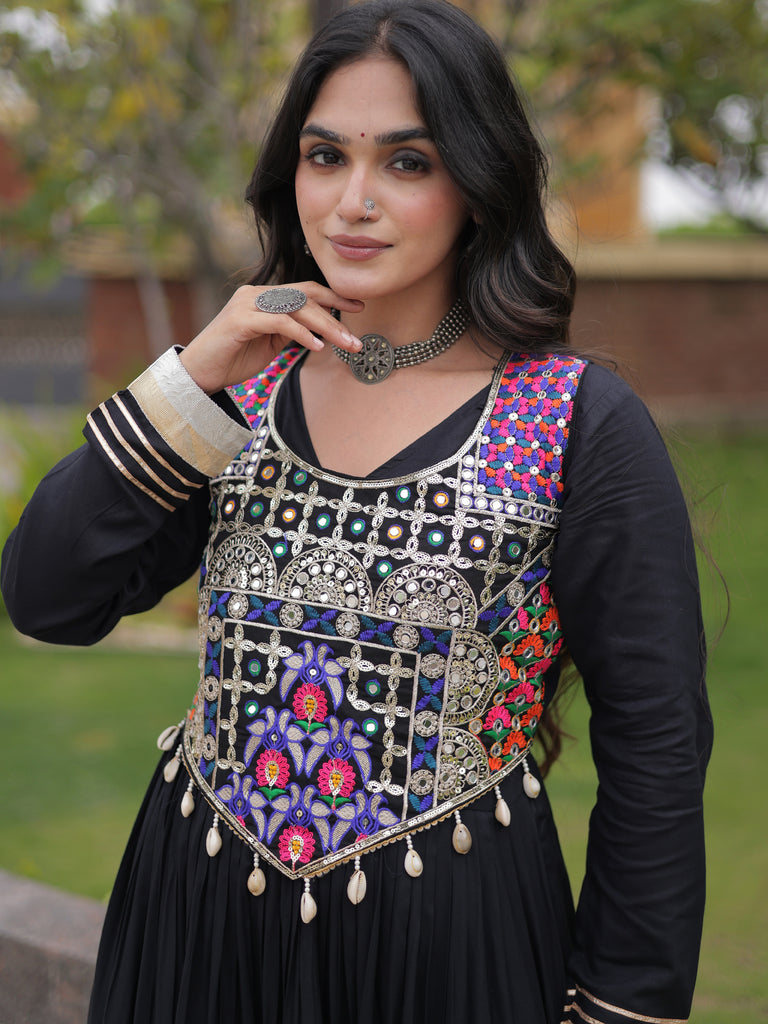 Classy Black Rayon Navratri Wear Gown With Thread Work Blouse