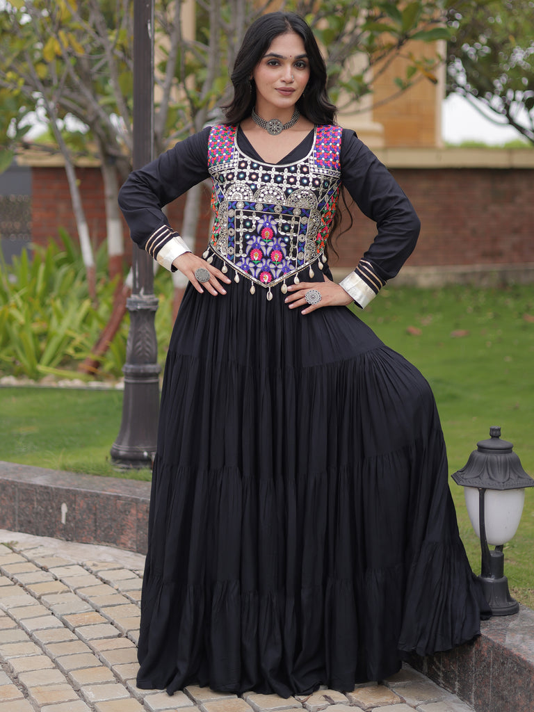 Classy Black Rayon Navratri Wear Gown With Thread Work Blouse