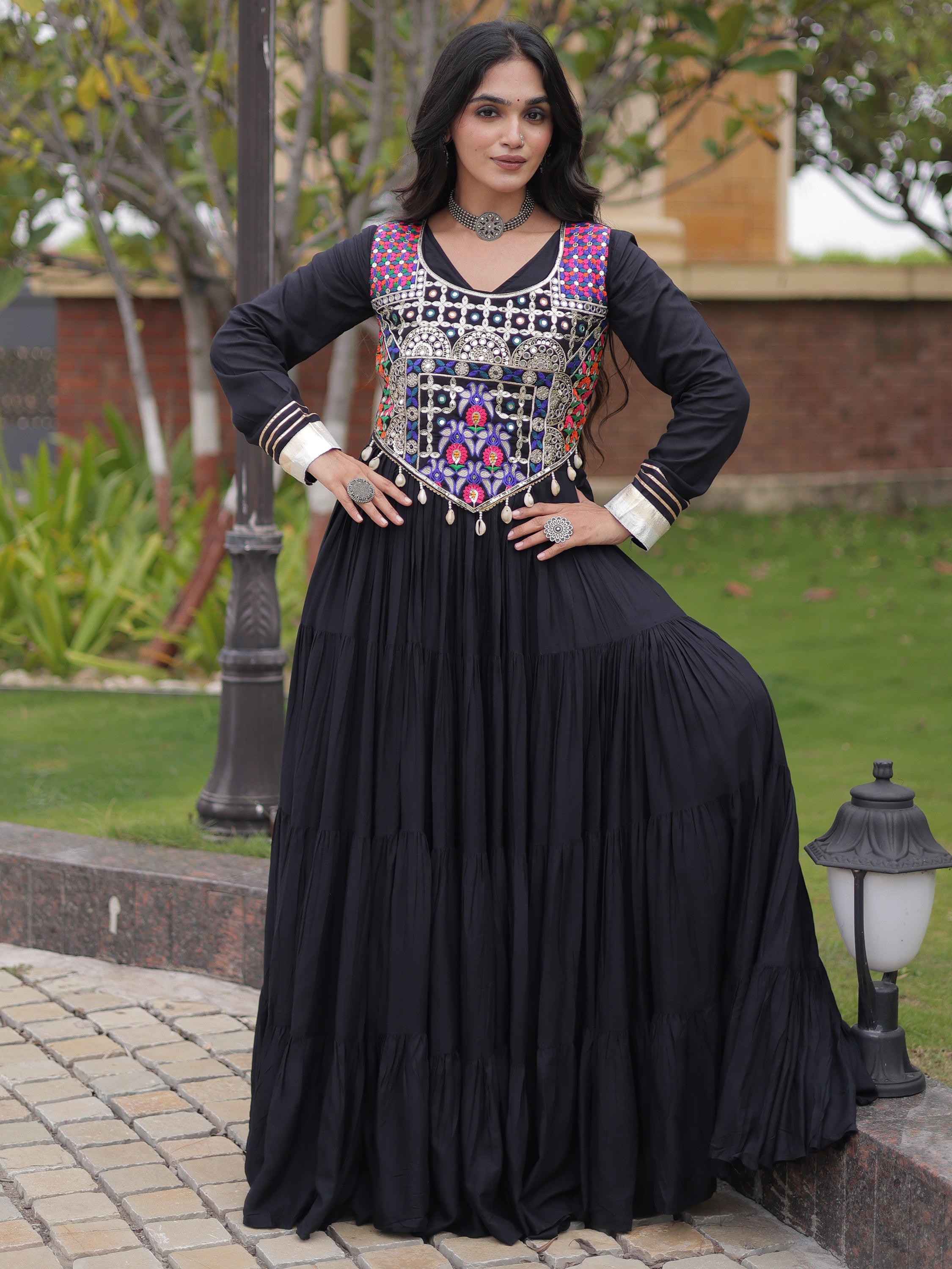 Classy Black Rayon Navratri Wear Gown With Thread Work Blouse