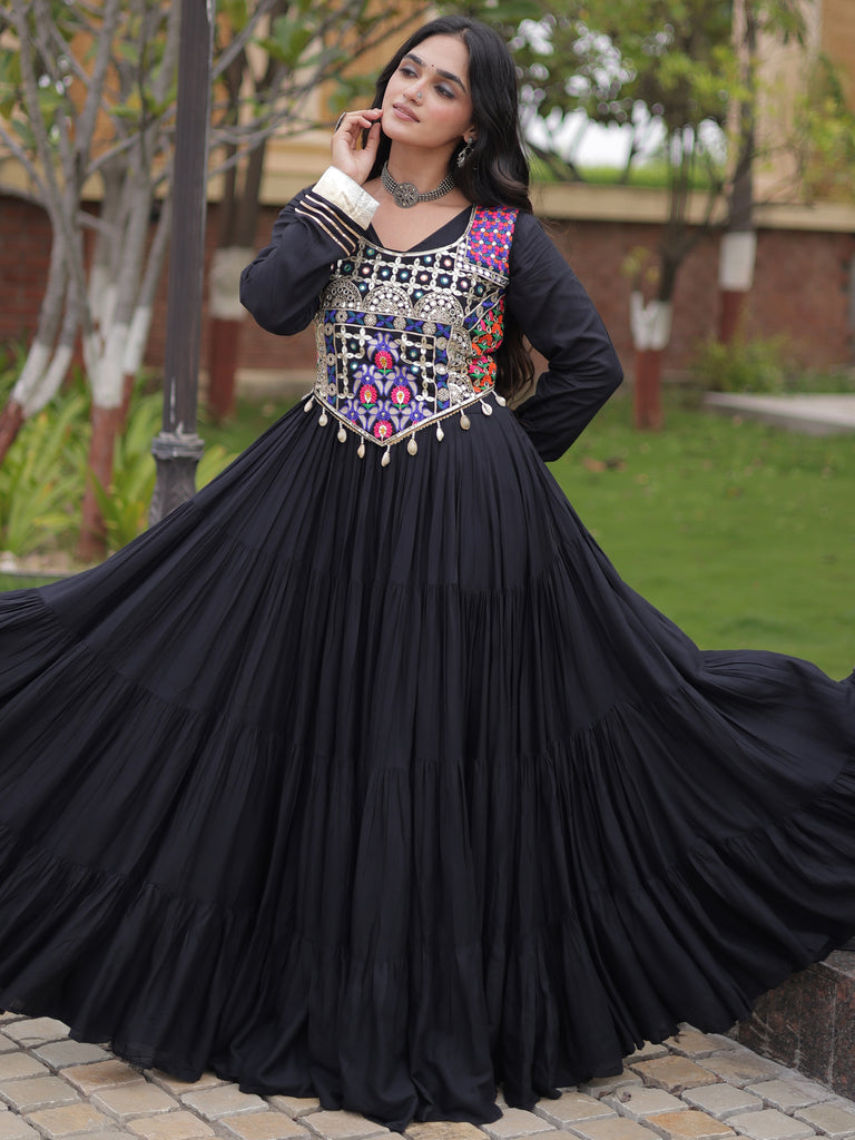 Classy Black Rayon Navratri Wear Gown With Thread Work Blouse