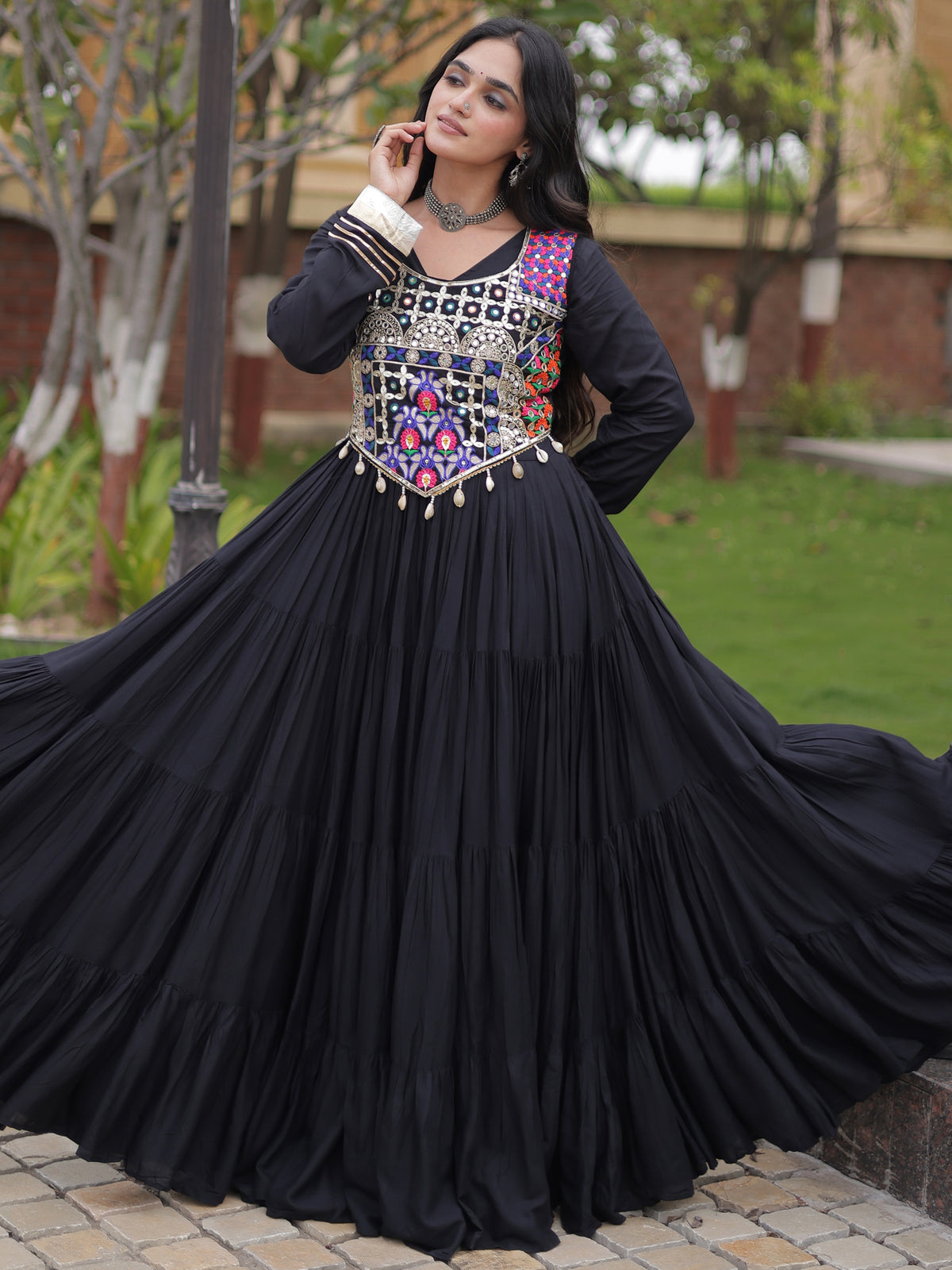 Classy Black Rayon Navratri Wear Gown With Thread Work Blouse