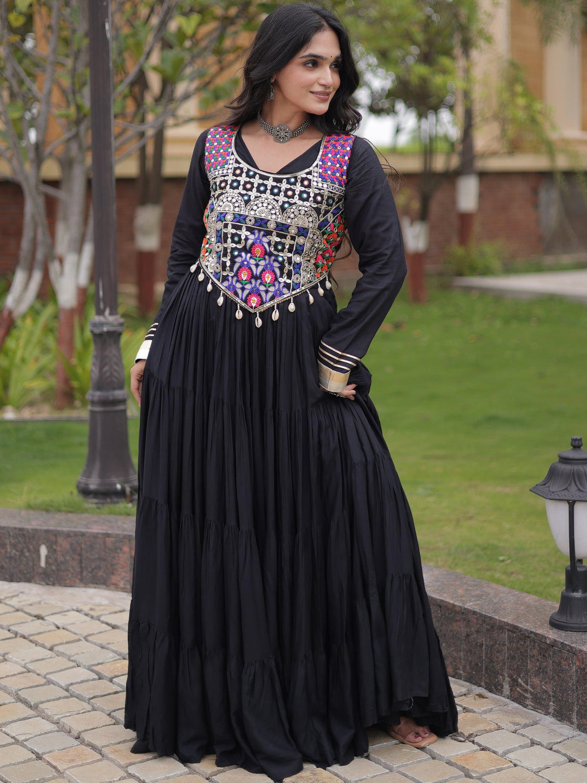 Classy Black Rayon Navratri Wear Gown With Thread Work Blouse