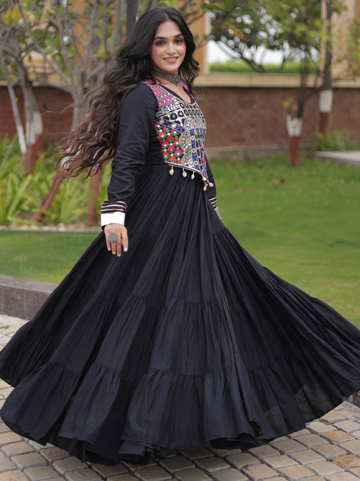 Classy Black Rayon Navratri Wear Gown With Thread Work Blouse