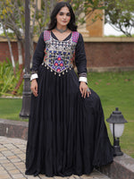 Classy Black Rayon Navratri Wear Gown With Thread Work Blouse