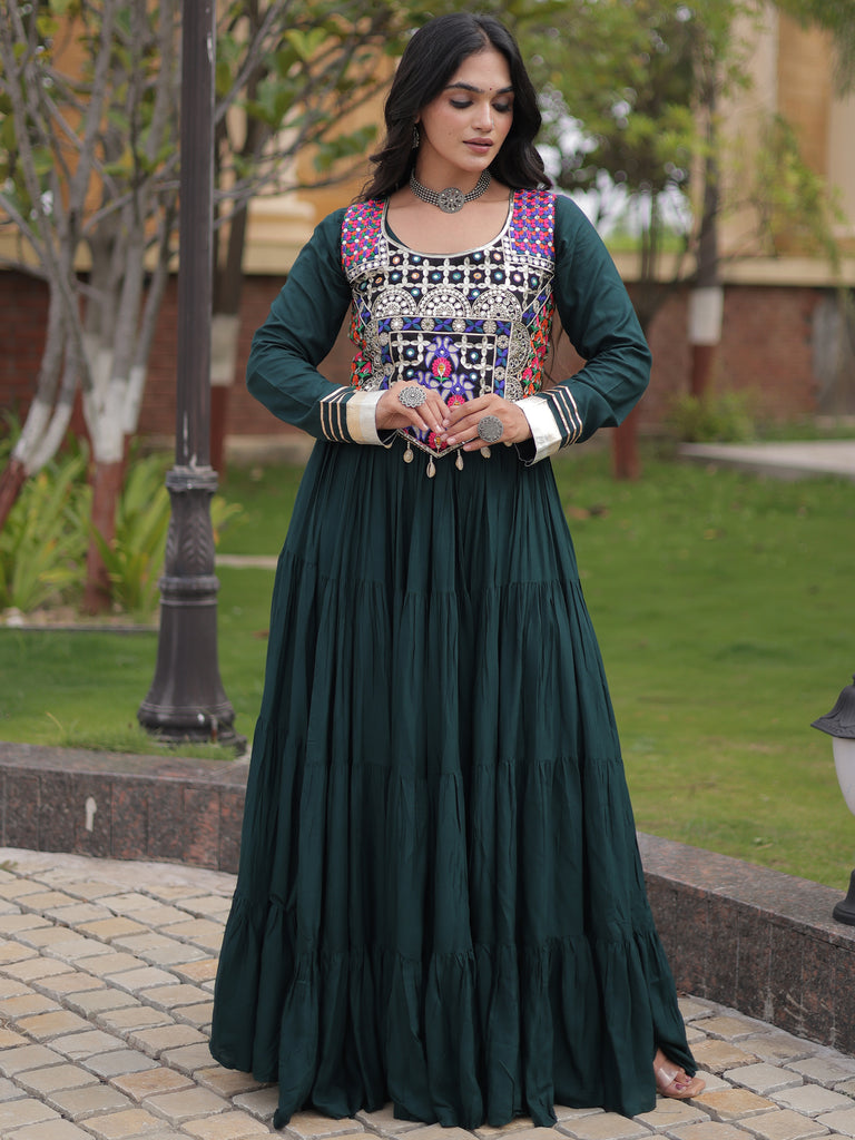 Radiant Green Rayon Navratri Wear Gown With Embroidered Blouse