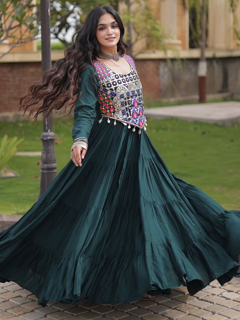 Radiant Green Rayon Navratri Wear Gown With Embroidered Blouse