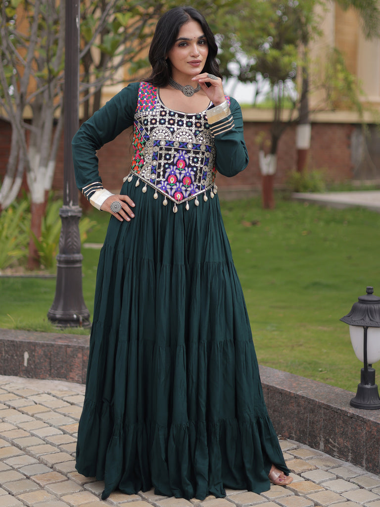 Radiant Green Rayon Navratri Wear Gown With Embroidered Blouse