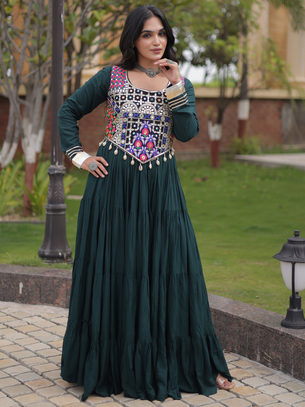 Radiant Green Rayon Navratri Wear Gown With Embroidered Blouse