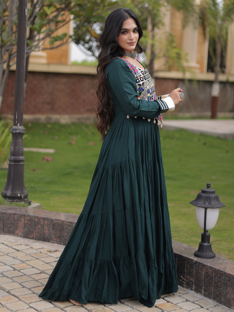 Radiant Green Rayon Navratri Wear Gown With Embroidered Blouse