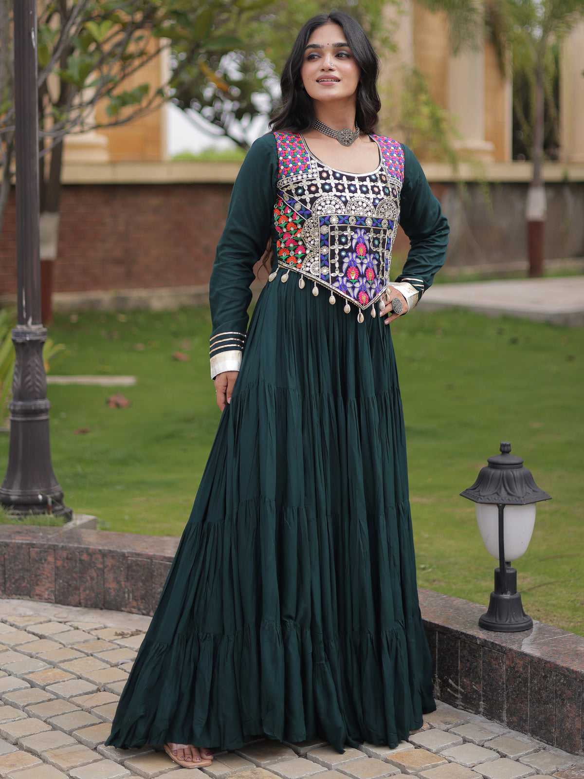 Radiant Green Rayon Navratri Wear Gown With Embroidered Blouse