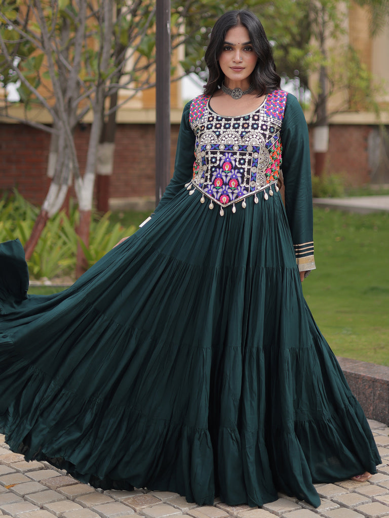 Radiant Green Rayon Navratri Wear Gown With Embroidered Blouse