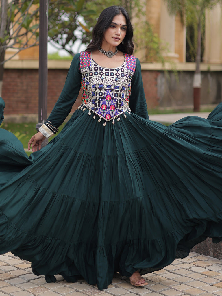 Radiant Green Rayon Navratri Wear Gown With Embroidered Blouse