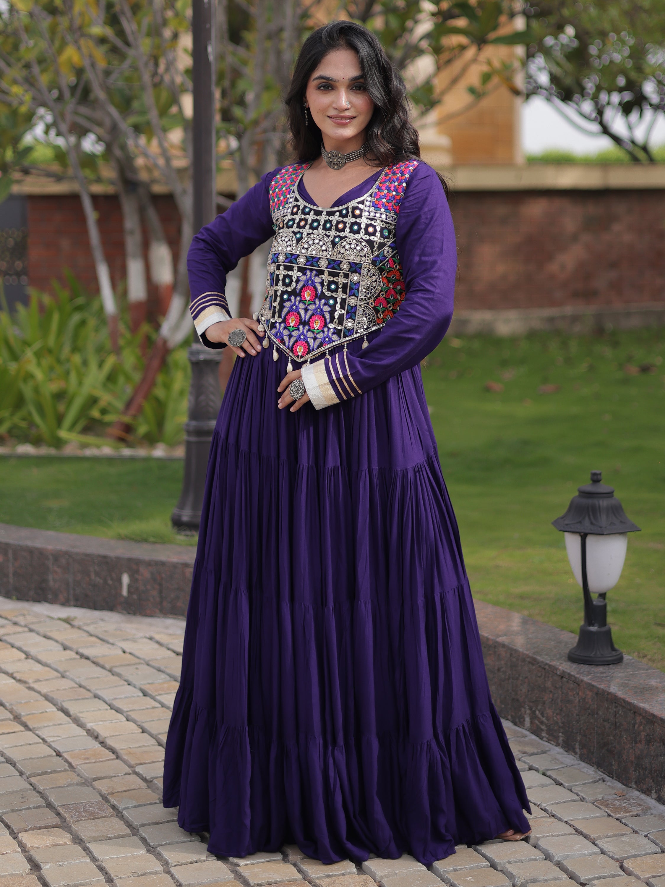 Alluring Purple Gota Laced Rayon Navratri Special Gown With Blouse