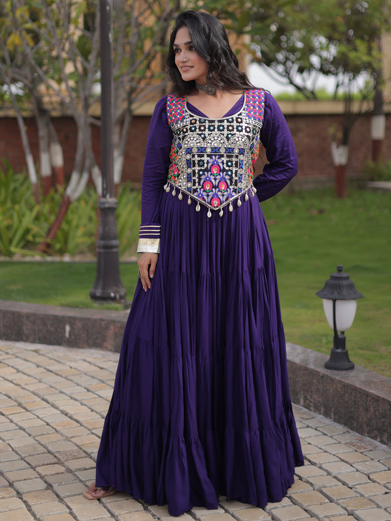 Alluring Purple Gota Laced Rayon Navratri Special Gown With Blouse