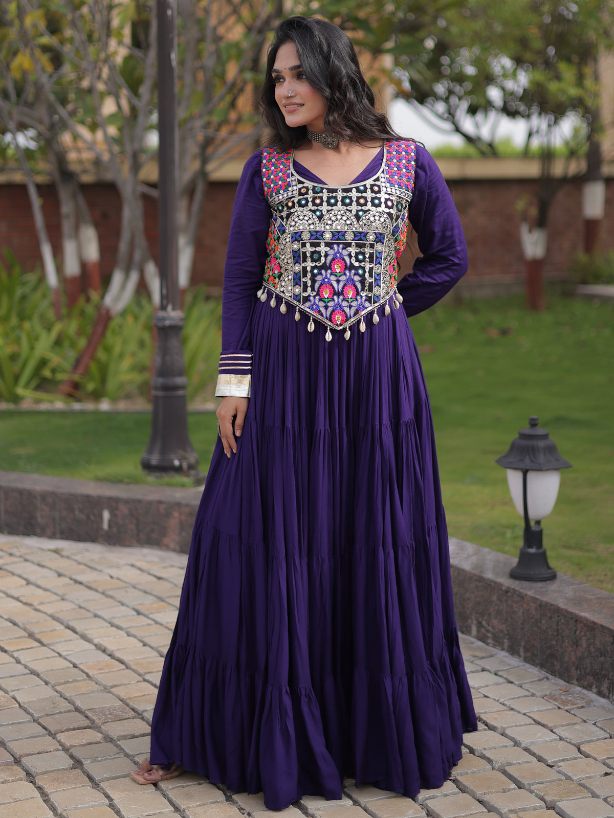 Alluring Purple Gota Laced Rayon Navratri Special Gown With Blouse