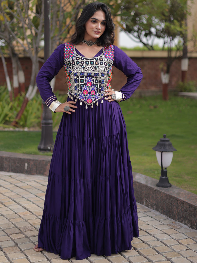 Alluring Purple Gota Laced Rayon Navratri Special Gown With Blouse