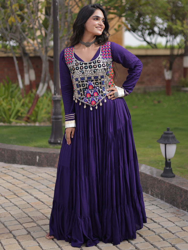 Alluring Purple Gota Laced Rayon Navratri Special Gown With Blouse