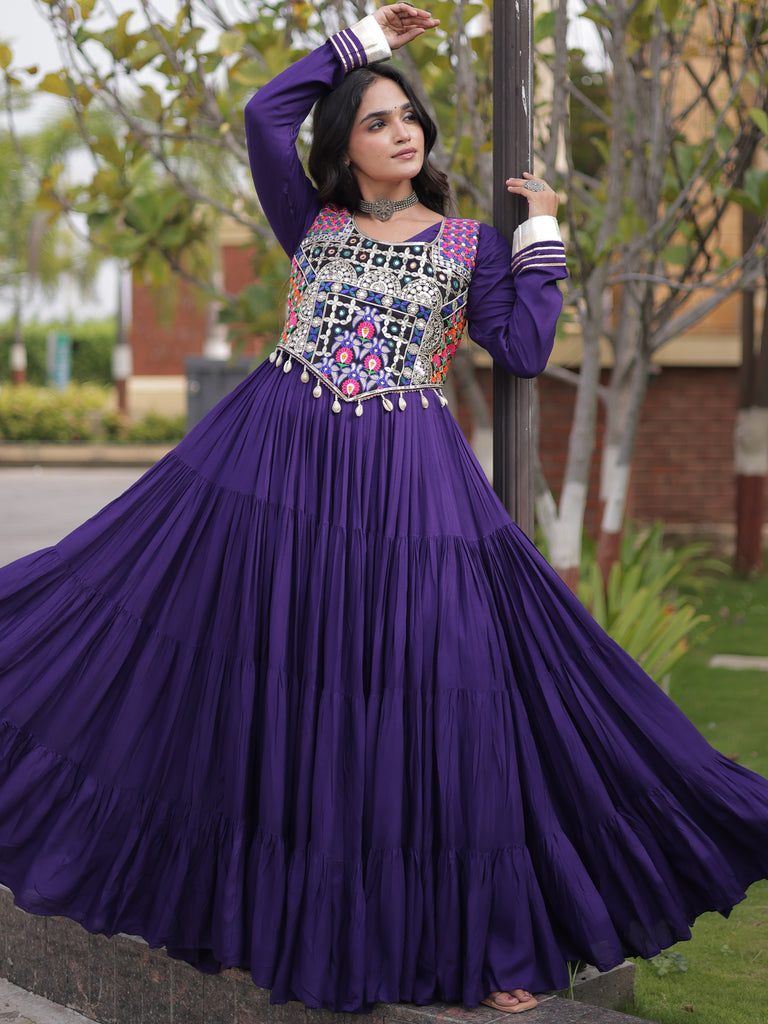 Alluring Purple Gota Laced Rayon Navratri Special Gown With Blouse