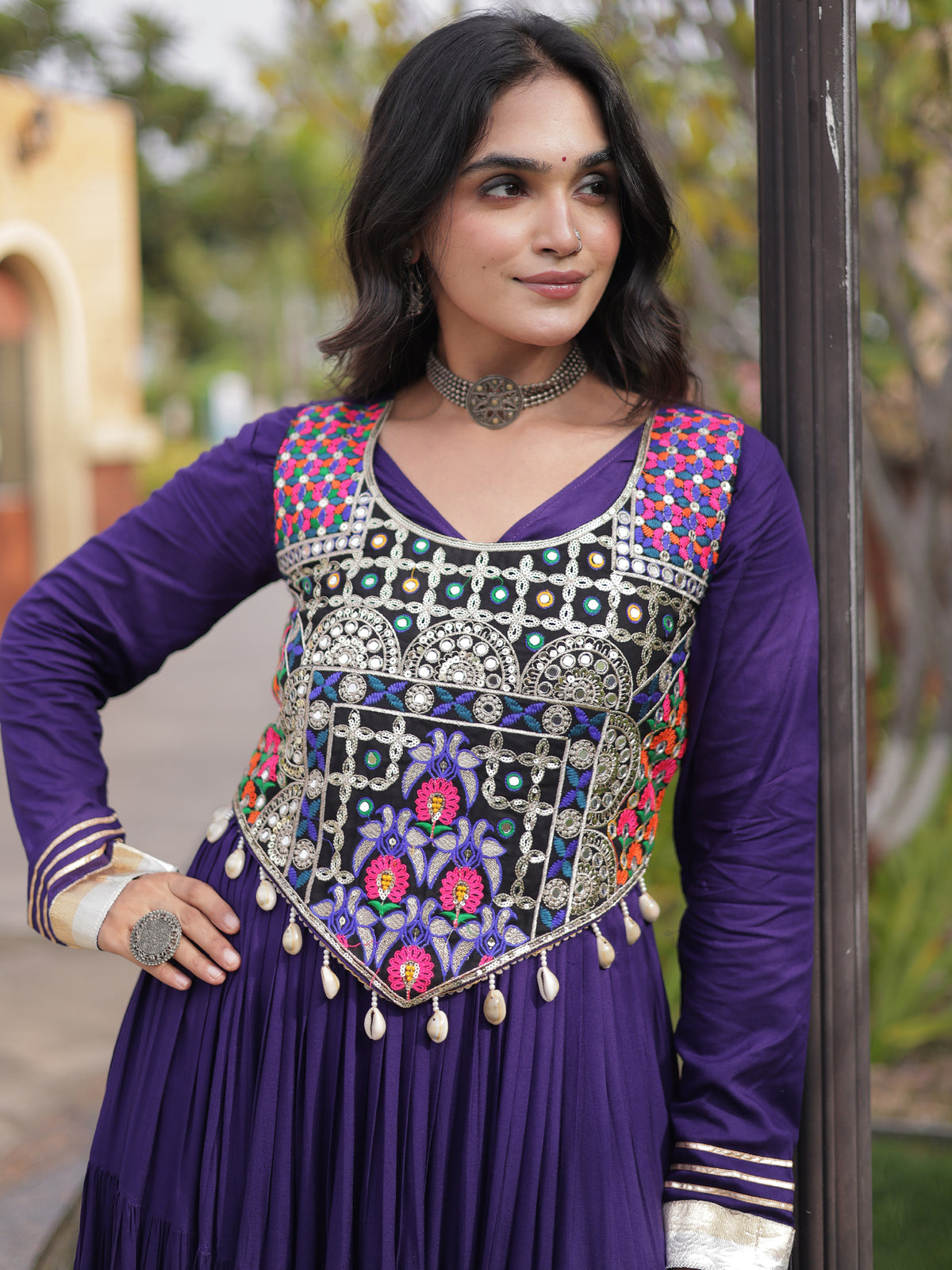 Alluring Purple Gota Laced Rayon Navratri Special Gown With Blouse