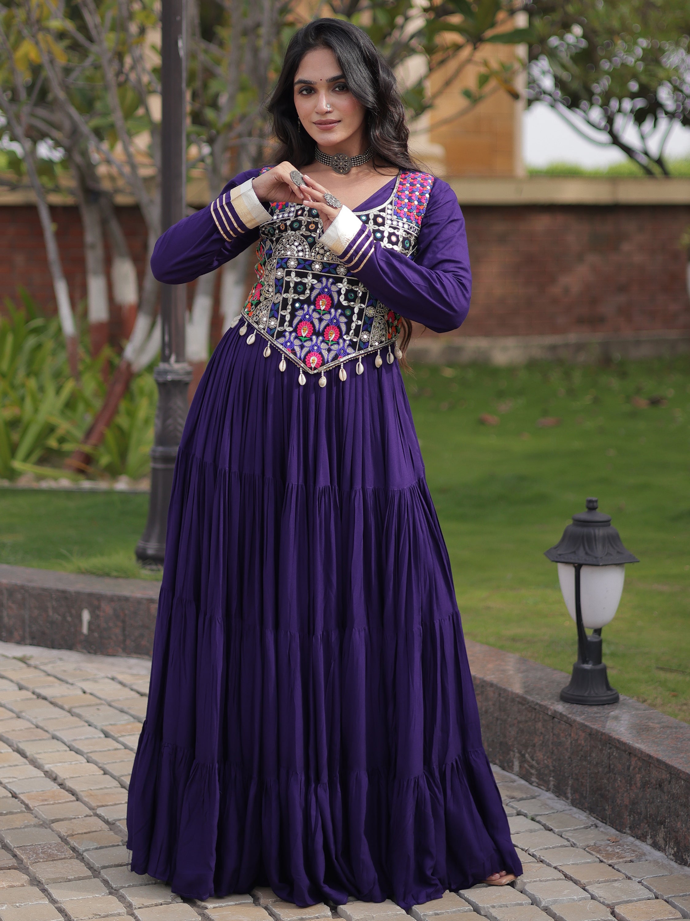 Alluring Purple Gota Laced Rayon Navratri Special Gown With Blouse
