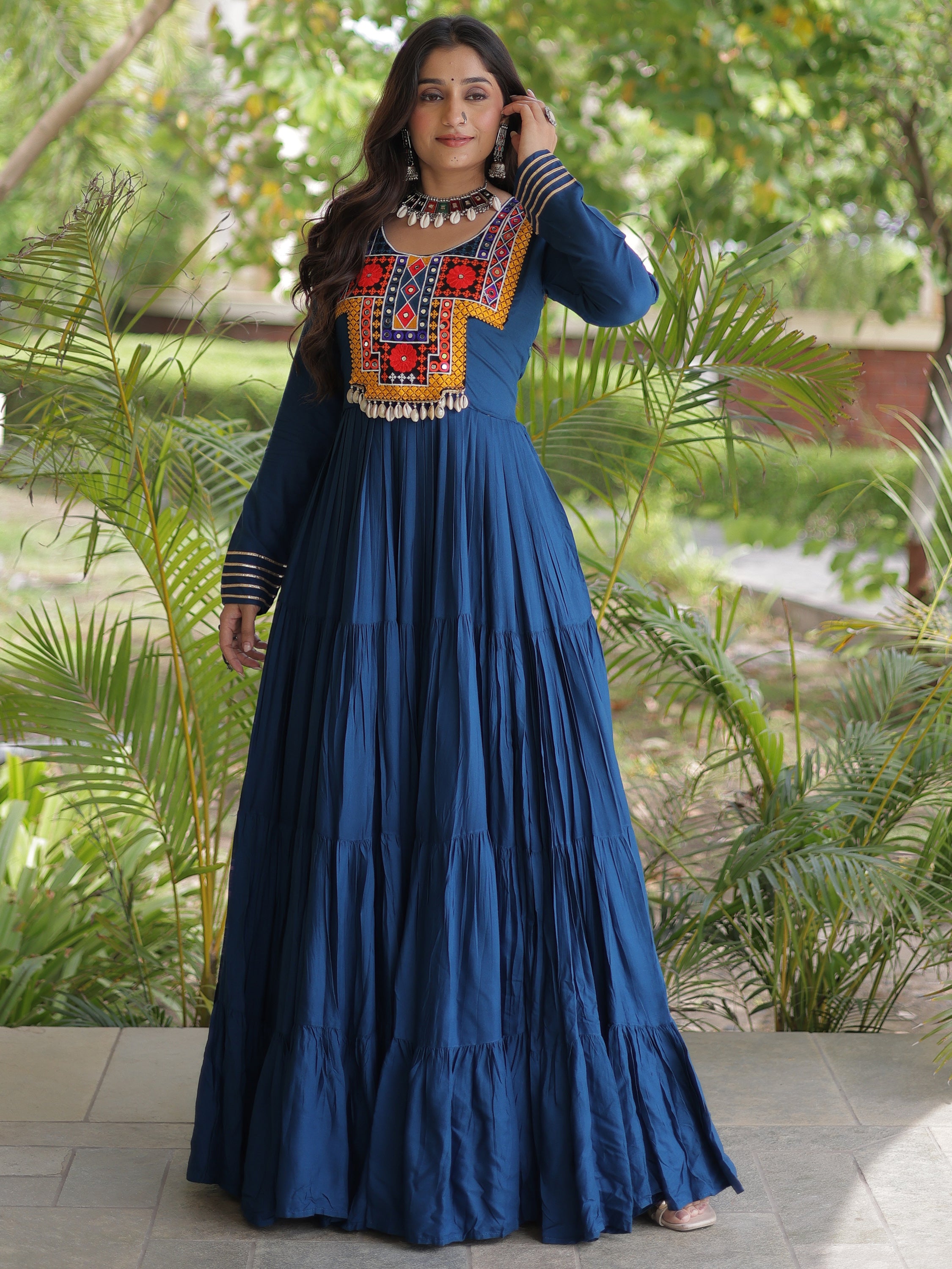 Amazing Rama Blue Gamthi Work Rayon Navratri Special Gown