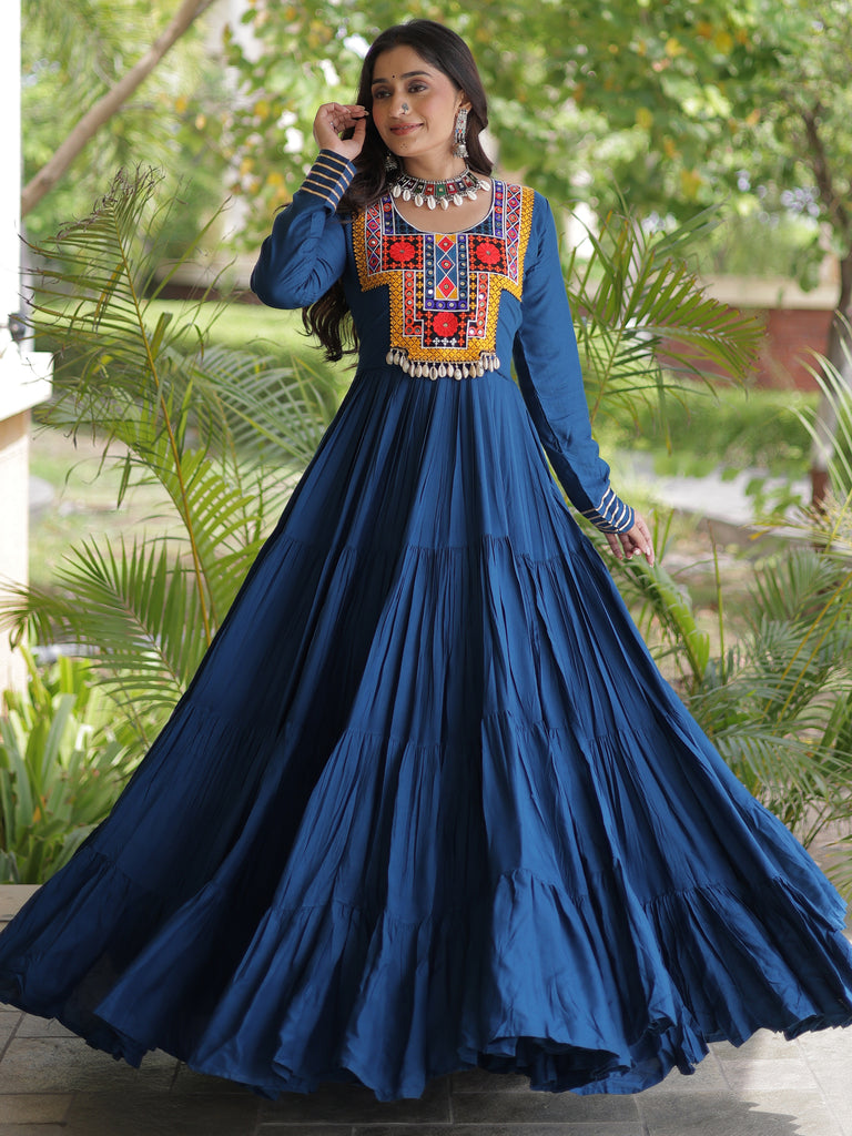 Amazing Rama Blue Gamthi Work Rayon Navratri Special Gown