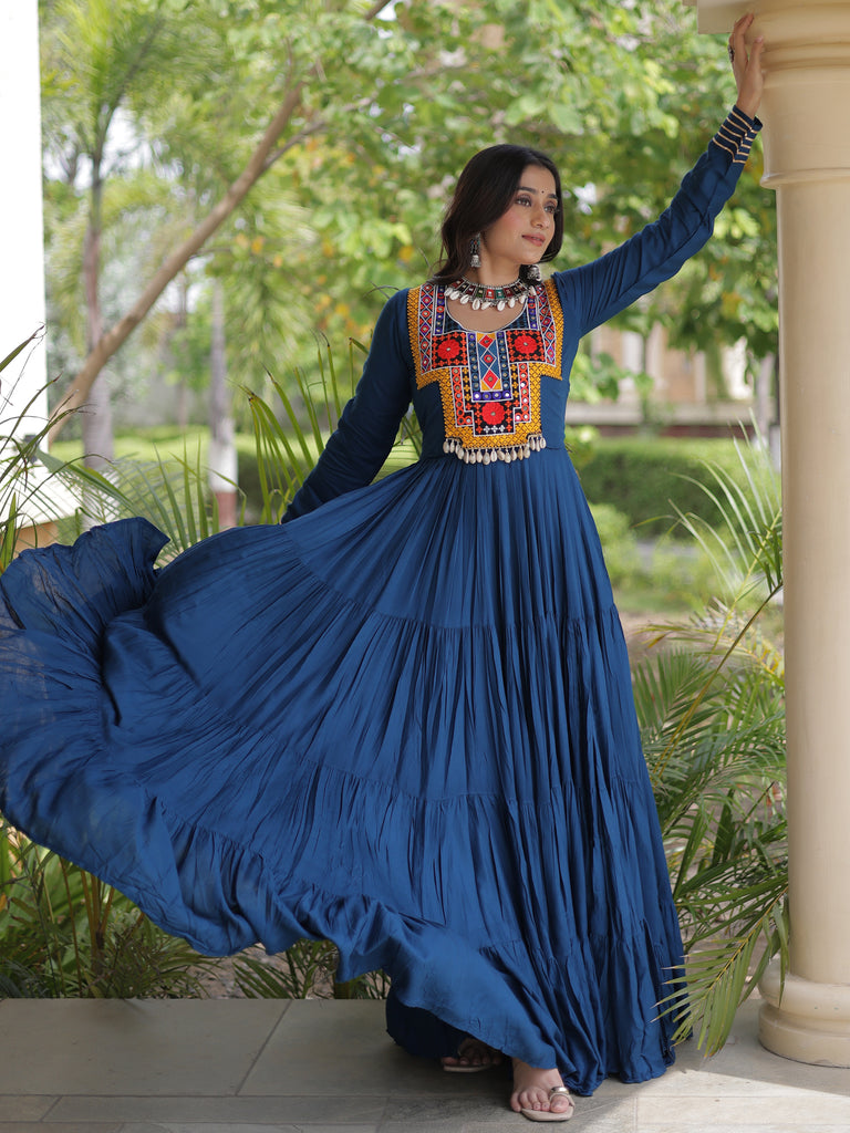 Amazing Rama Blue Gamthi Work Rayon Navratri Special Gown