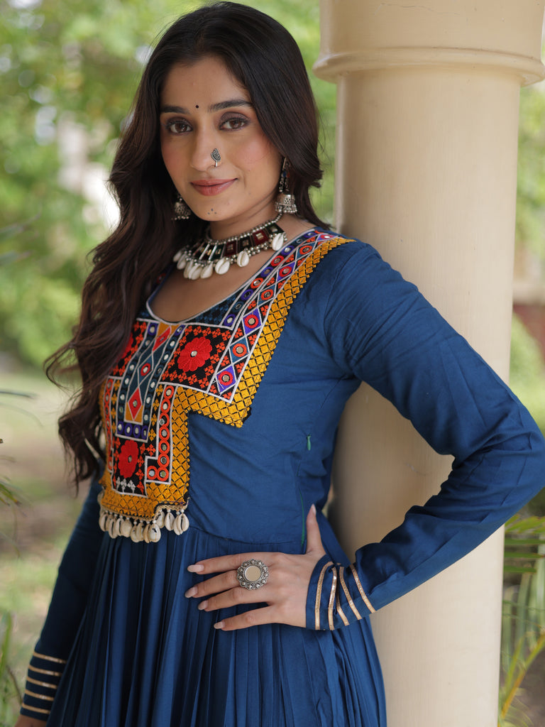 Amazing Rama Blue Gamthi Work Rayon Navratri Special Gown