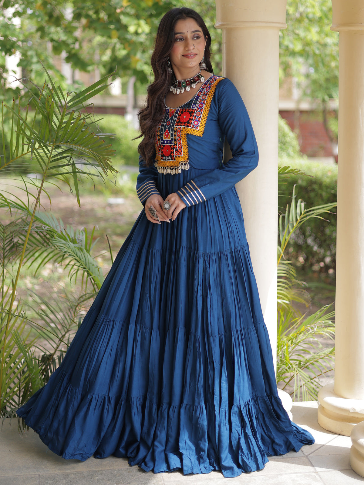 Amazing Rama Blue Gamthi Work Rayon Navratri Special Gown