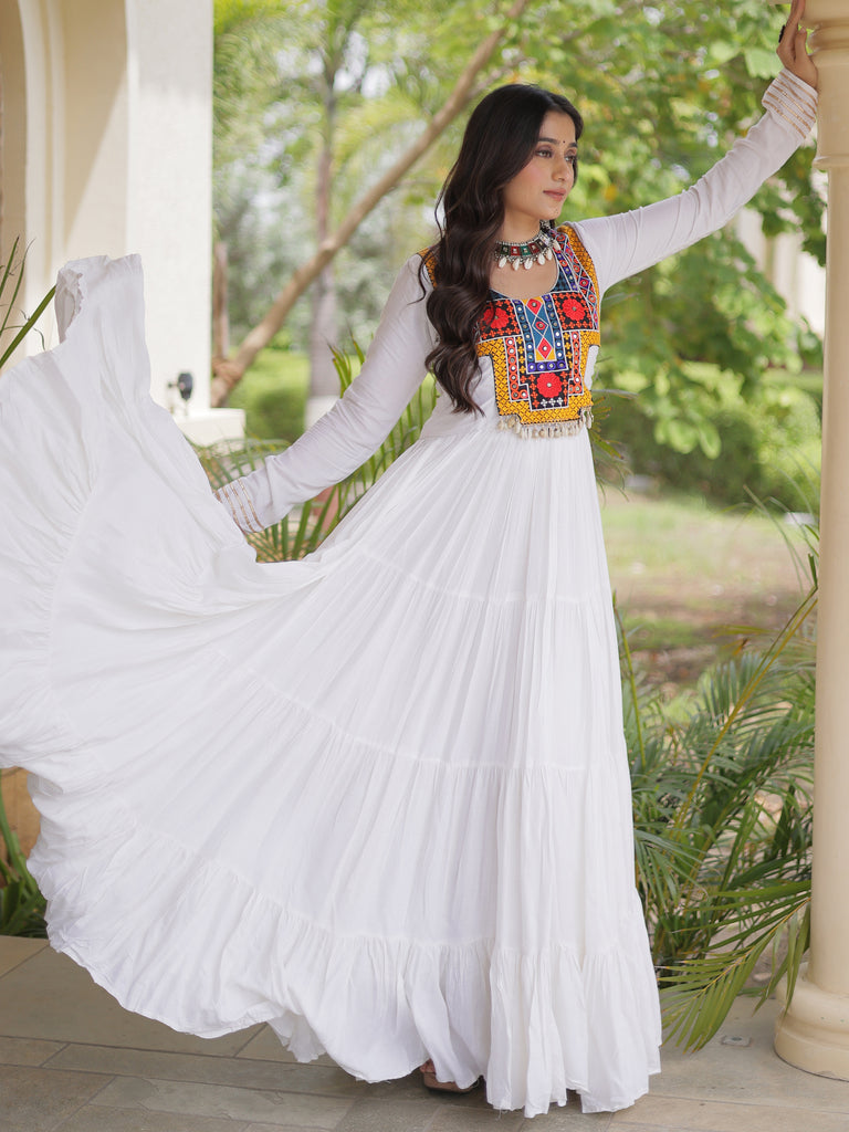Elegant White Kutchi Embroidered Rayon Navratri Wear Gown