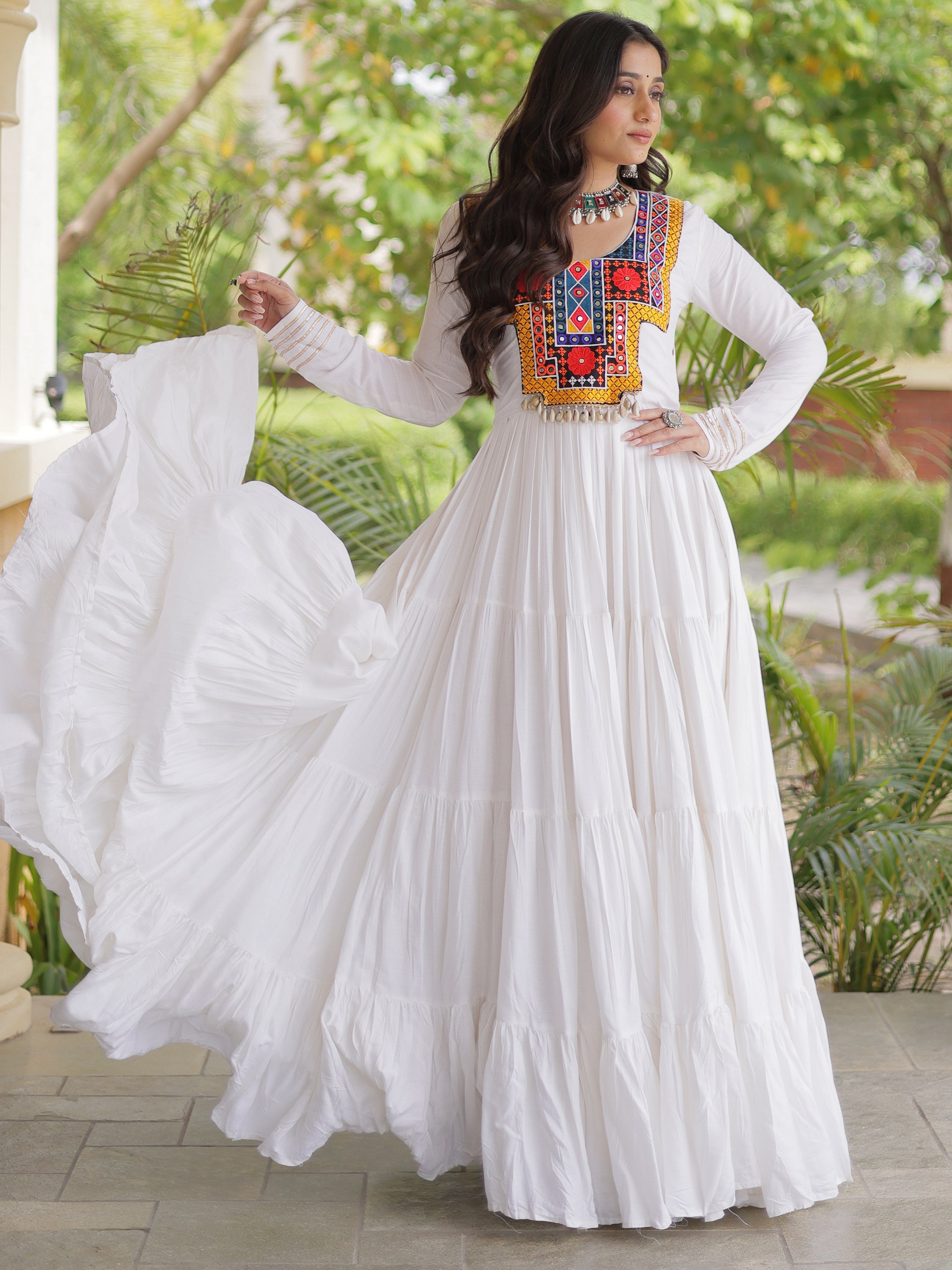 Elegant White Kutchi Embroidered Rayon Navratri Wear Gown