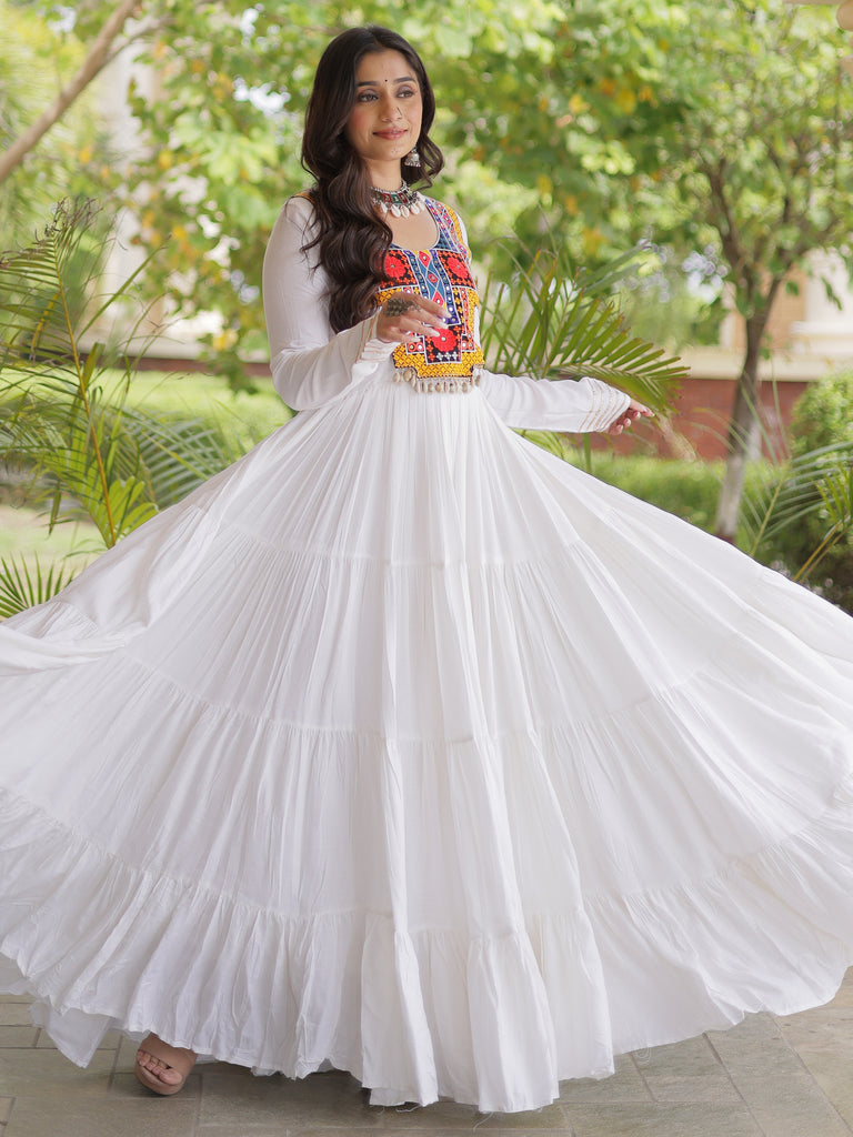 Elegant White Kutchi Embroidered Rayon Navratri Wear Gown