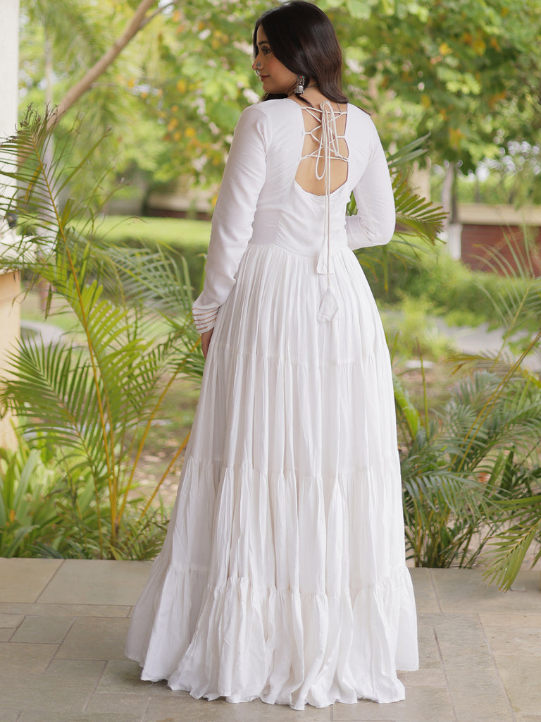 Elegant White Kutchi Embroidered Rayon Navratri Wear Gown