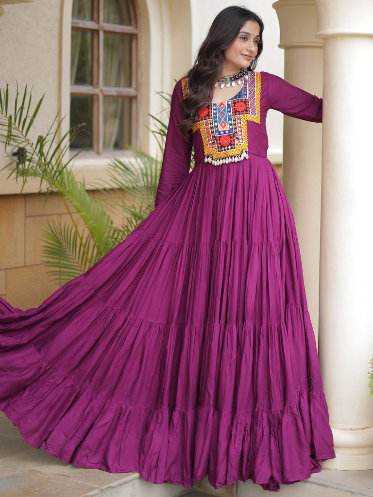 Beautiful Wine Gamthi Work Rayon Navratri Special Gown