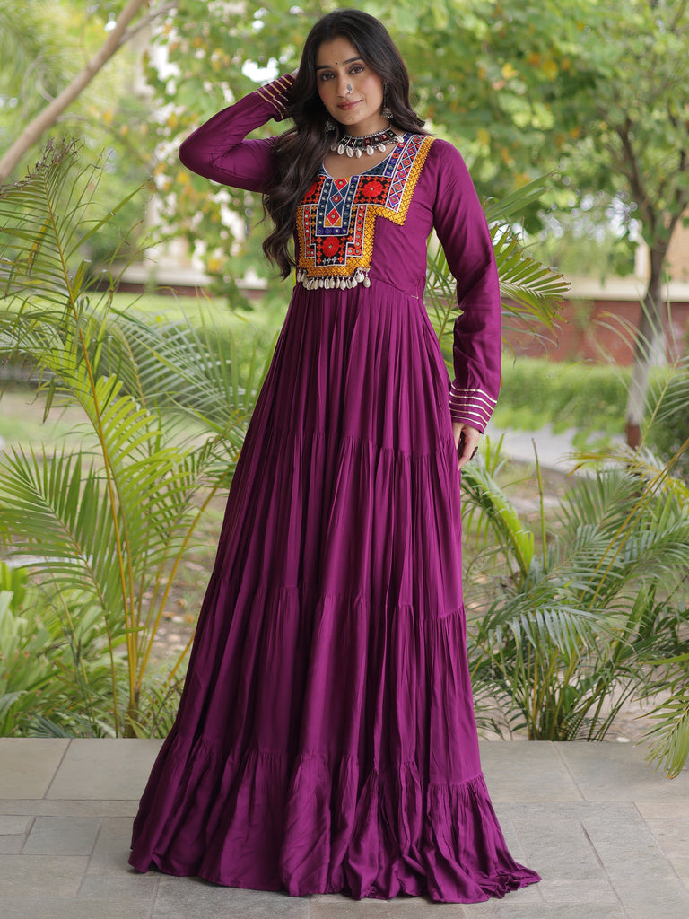 Beautiful Wine Gamthi Work Rayon Navratri Special Gown