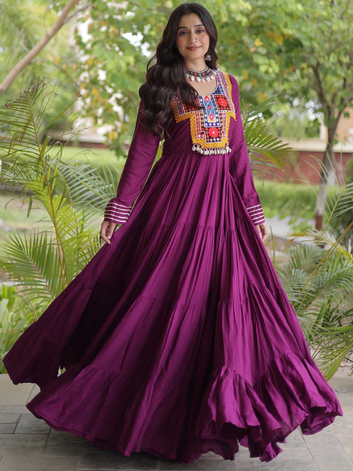 Beautiful Wine Gamthi Work Rayon Navratri Special Gown