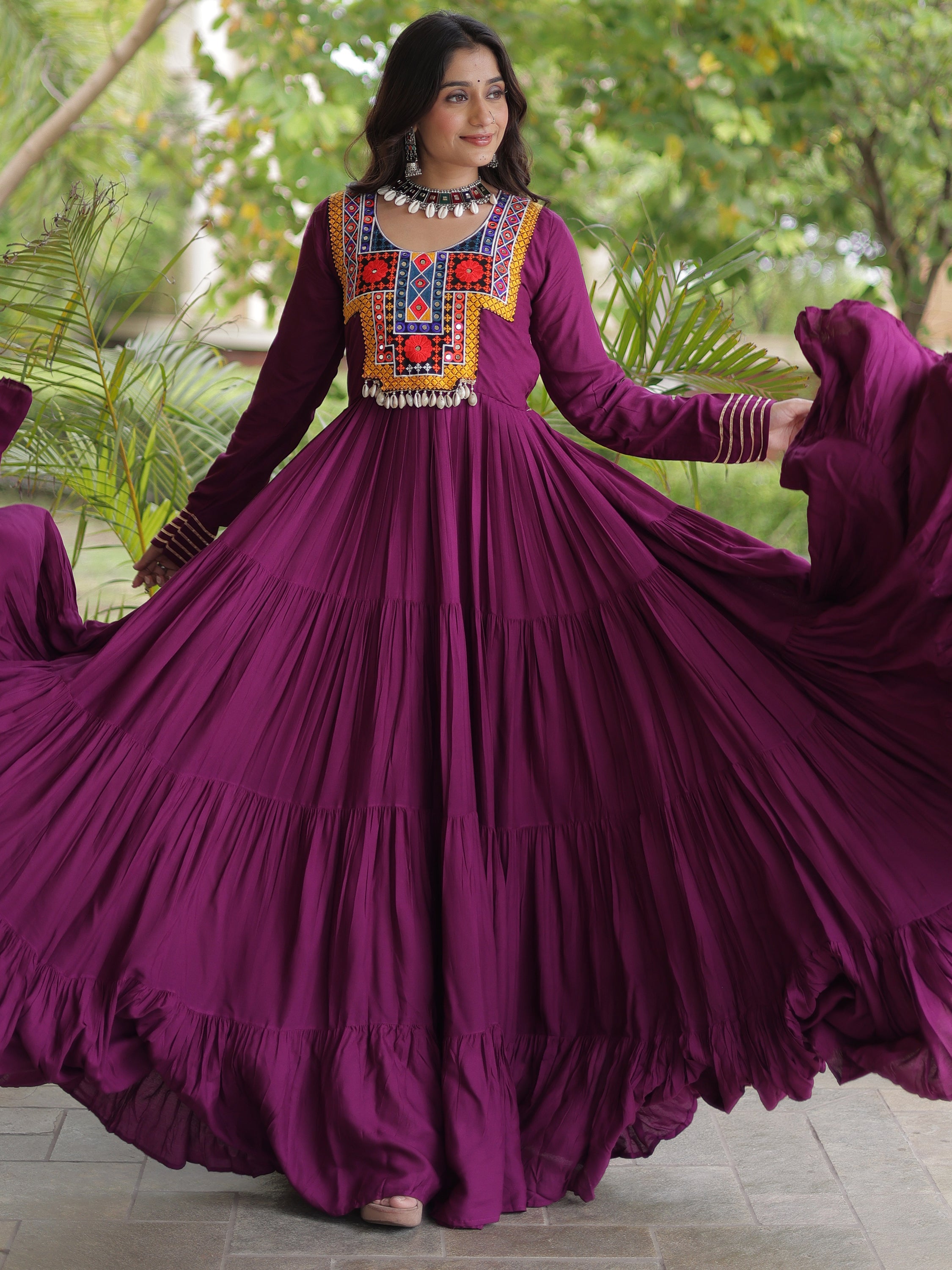 Beautiful Wine Gamthi Work Rayon Navratri Special Gown
