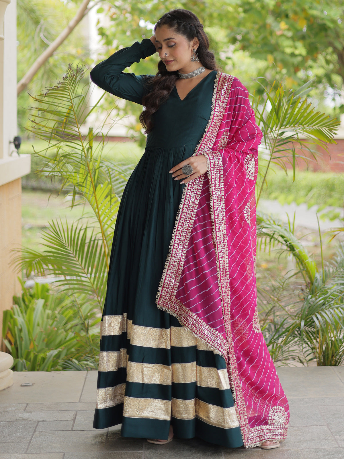 Glorious Teal Green Rayon Mehendi Wear Gown With Leheriya Printed Dupatta