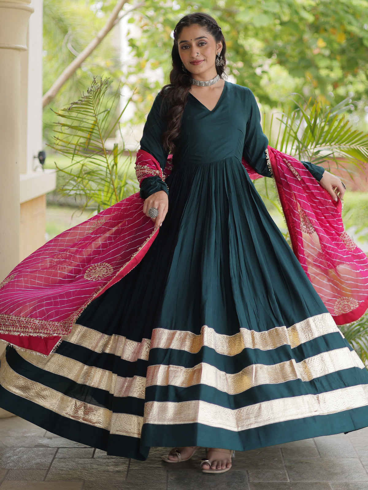 Glorious Teal Green Rayon Mehendi Wear Gown With Leheriya Printed Dupatta