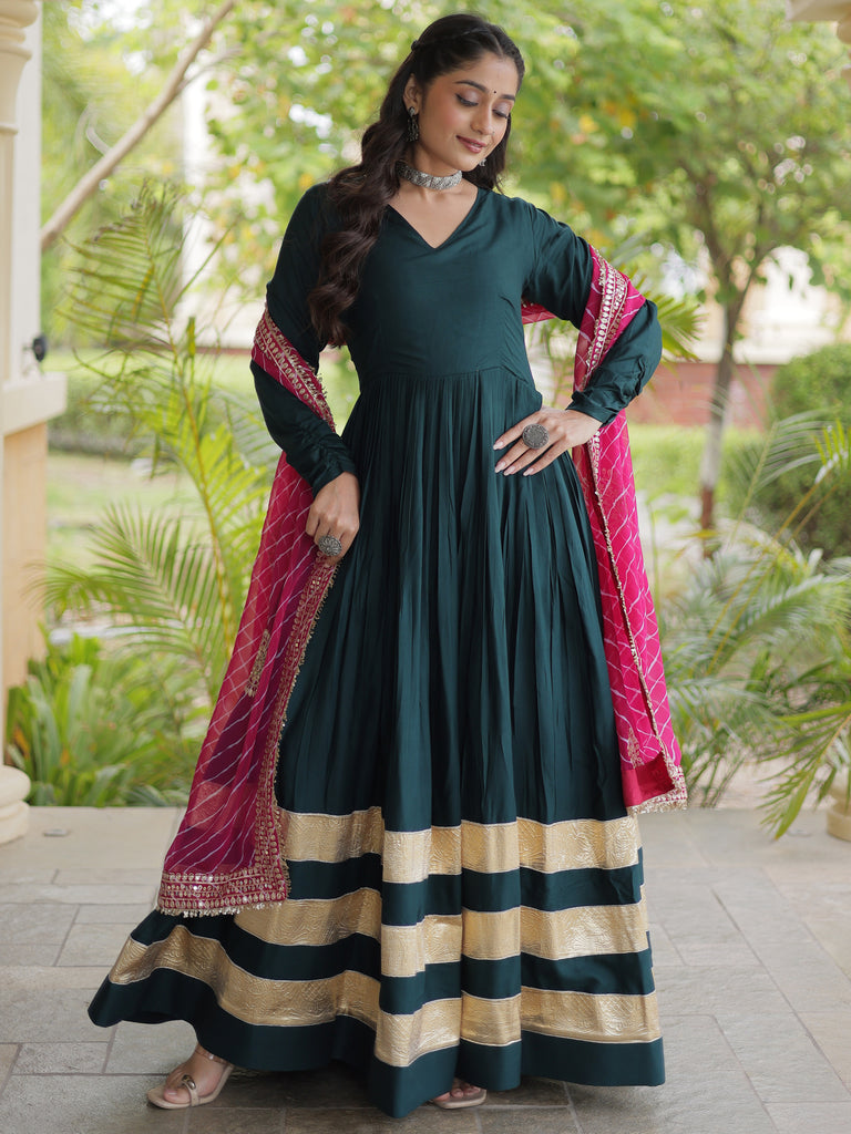 Glorious Teal Green Rayon Mehendi Wear Gown With Leheriya Printed Dupatta
